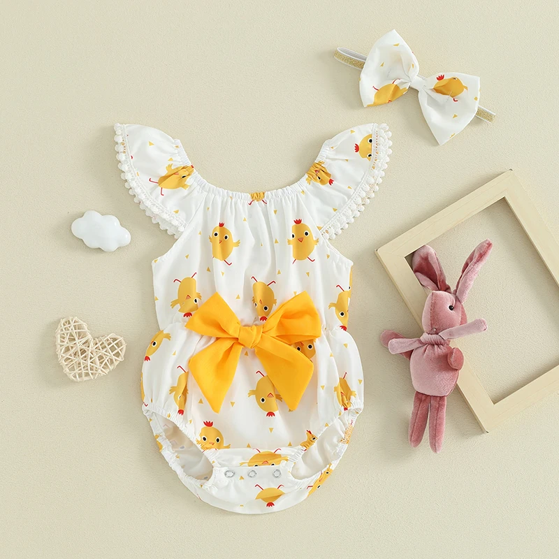 Molgkyo Newborn Baby Girl Easter Outfit Rabbit Print Romper Ruffle Sleeve Tassel Bodysuit Bunny Outfit Infant Summer Clothes