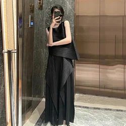 Miyake Pleated Sleeveless Irregular Top+Wide Leg Pants Two Piece Set for Women's Summer 2024 New Loose Splice Pants Set