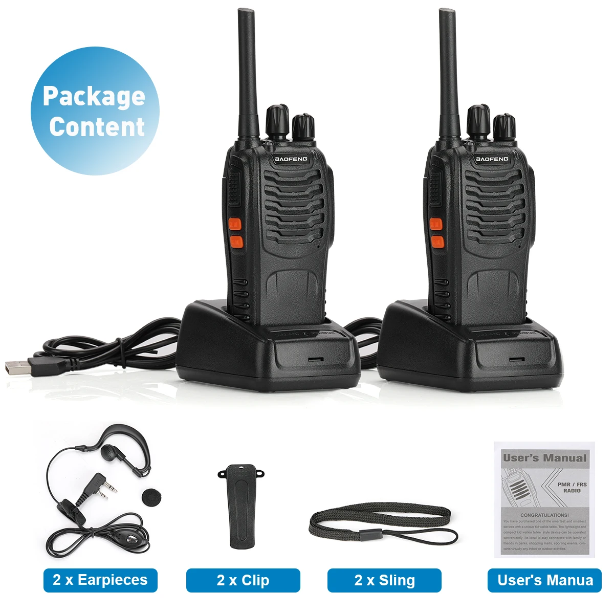 2pcs Walkie Talkie BF-88E Portable Two Way Radio Dual Band 16CH PMR Long-Distance Conversation with USB Charger Headset