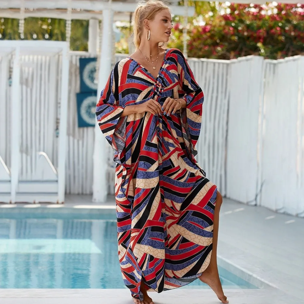 

Fashion Boho Bikini Cover-ups Leaves Print Oversized Beach Cover Up Open Front Long Dress Beachwear For Women