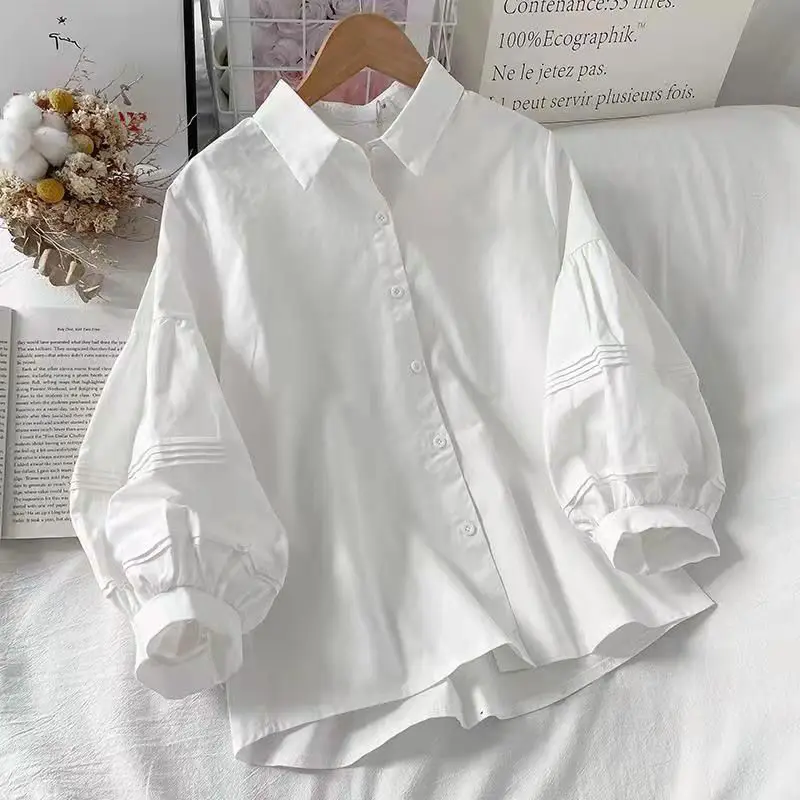 

Women's White Lantern Sleeve Button Down Blouse Top Point Collar 3/4 Sleeve Pleated Cuff Shirt Elegant Minimalist Office Outfits