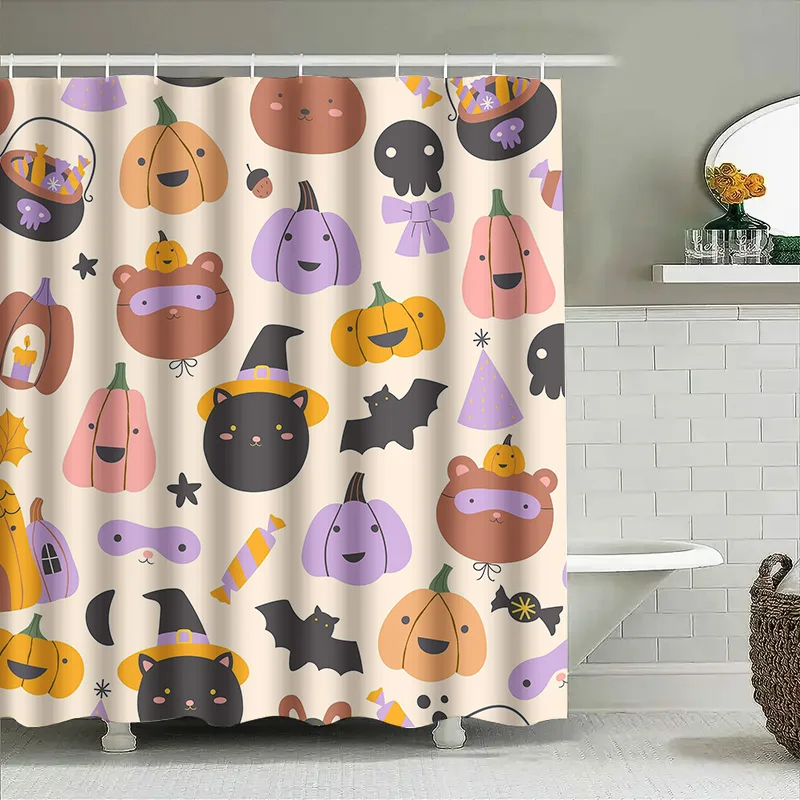 

1 шт., милая занавеска для душа на Хэллоуин для детей, украшения для детской комнаты, забавный дизайн в полоску тыквы и летучей мыши