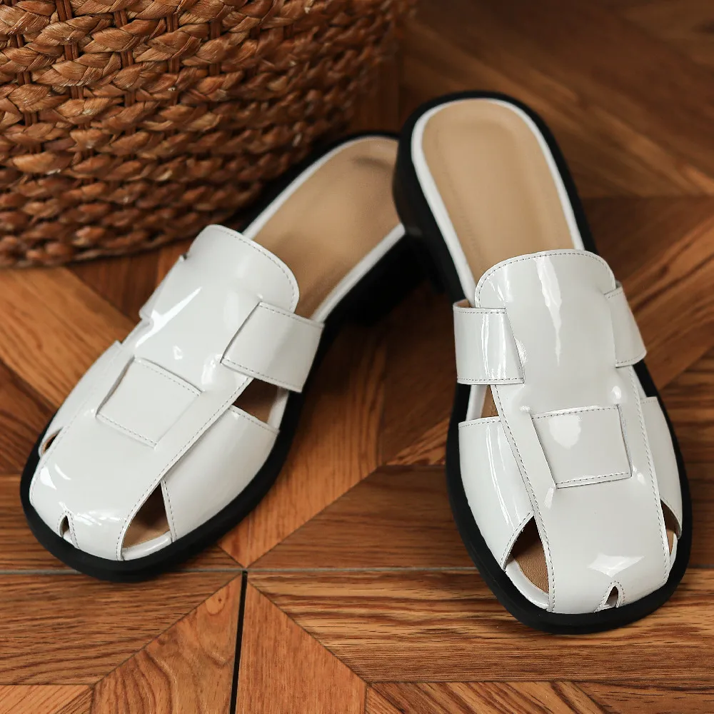 Sandali slip-on con punta tonda intrecciata in vera pelle da donna scivoli estivi morbidi e comodi sandali casual femminili di alta qualità