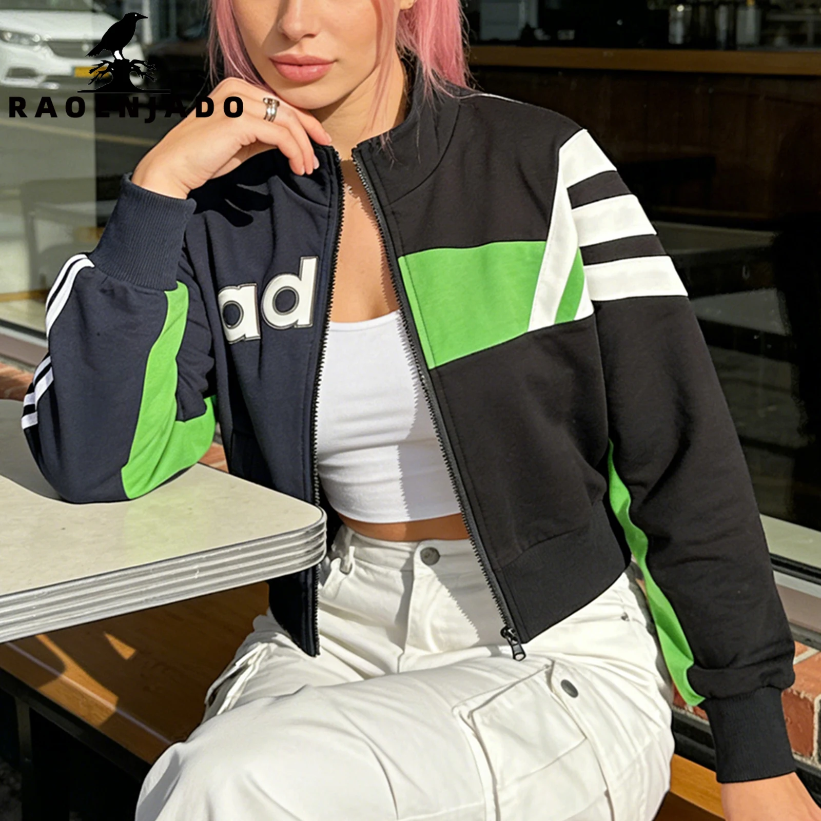 Women's Casual Jacket Colorblock Sporty Varsity Coat Vintage Patchwork Streetwear Outerwear with Full Zipper Closure for Outdoor