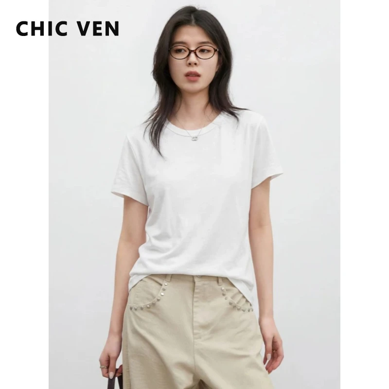 

CHIC VEN New Fashion Women T-shirt Slim Solid Casual Short Sleeve Female Tees O Neck Pullover Summer 2026 Clothing