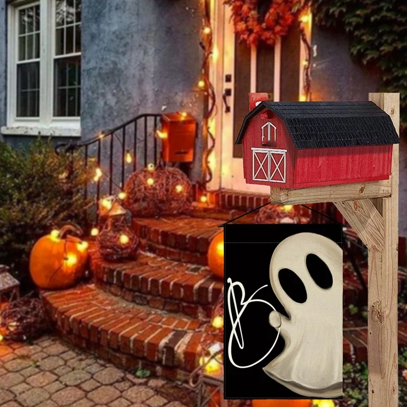 ハロウィーンをテーマにした両面プリントのリネンの庭の旗、休日の装飾、ウェルカムフラグ、入り口