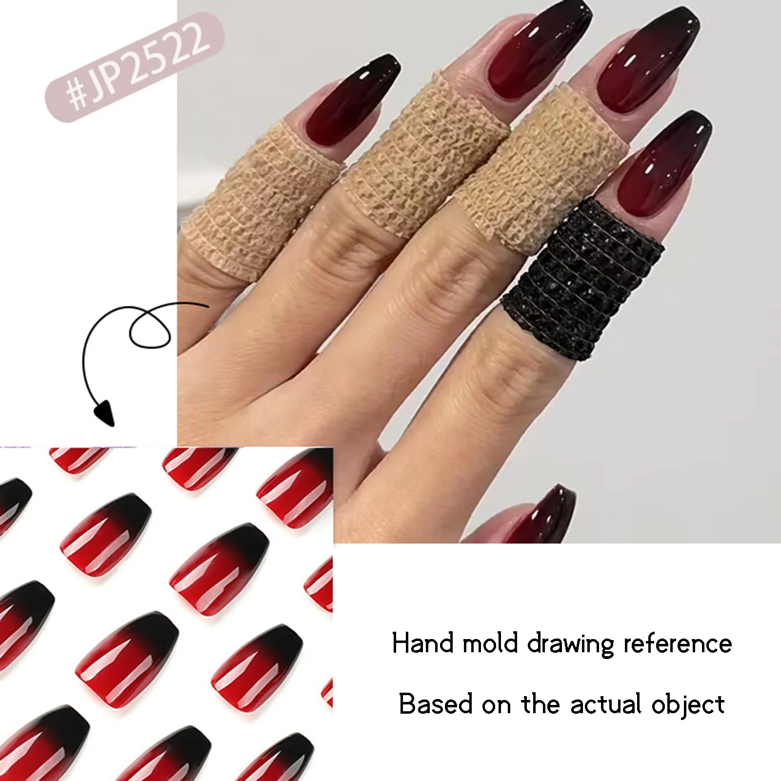 Red & Black Gradient Fake Nails Thin Full Cover Medium Ballerina Nail Ornament for Daily Everyday Wearing