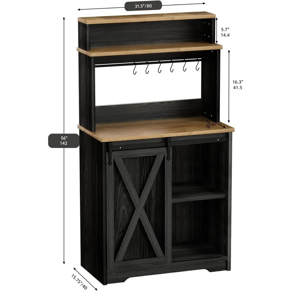 Coffee Bar with 3 Tier Storage Hutch, 56 Inch Small Bar Station with 6 Hooks, Table with Adjustable Shelves for Living Dining Ro