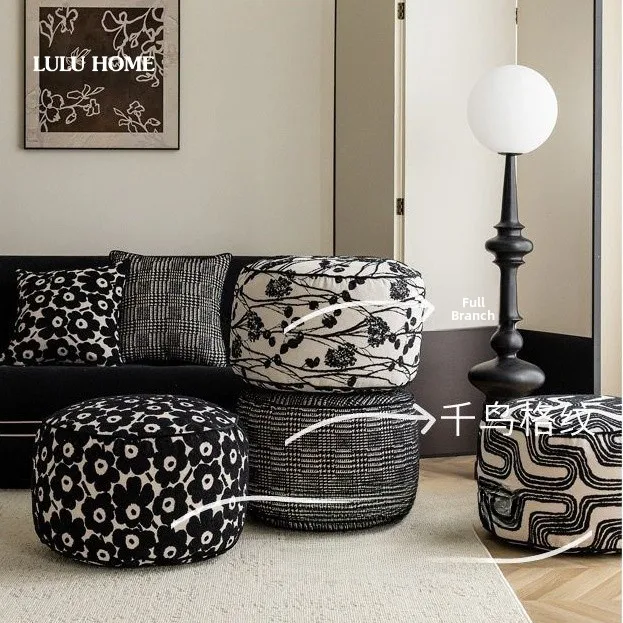 

Nordic Retro Black White Sofa Footrest Living Room Soft Cushion Tatami Zafu Pad Zipper Full Wrap Fill Material Chenille