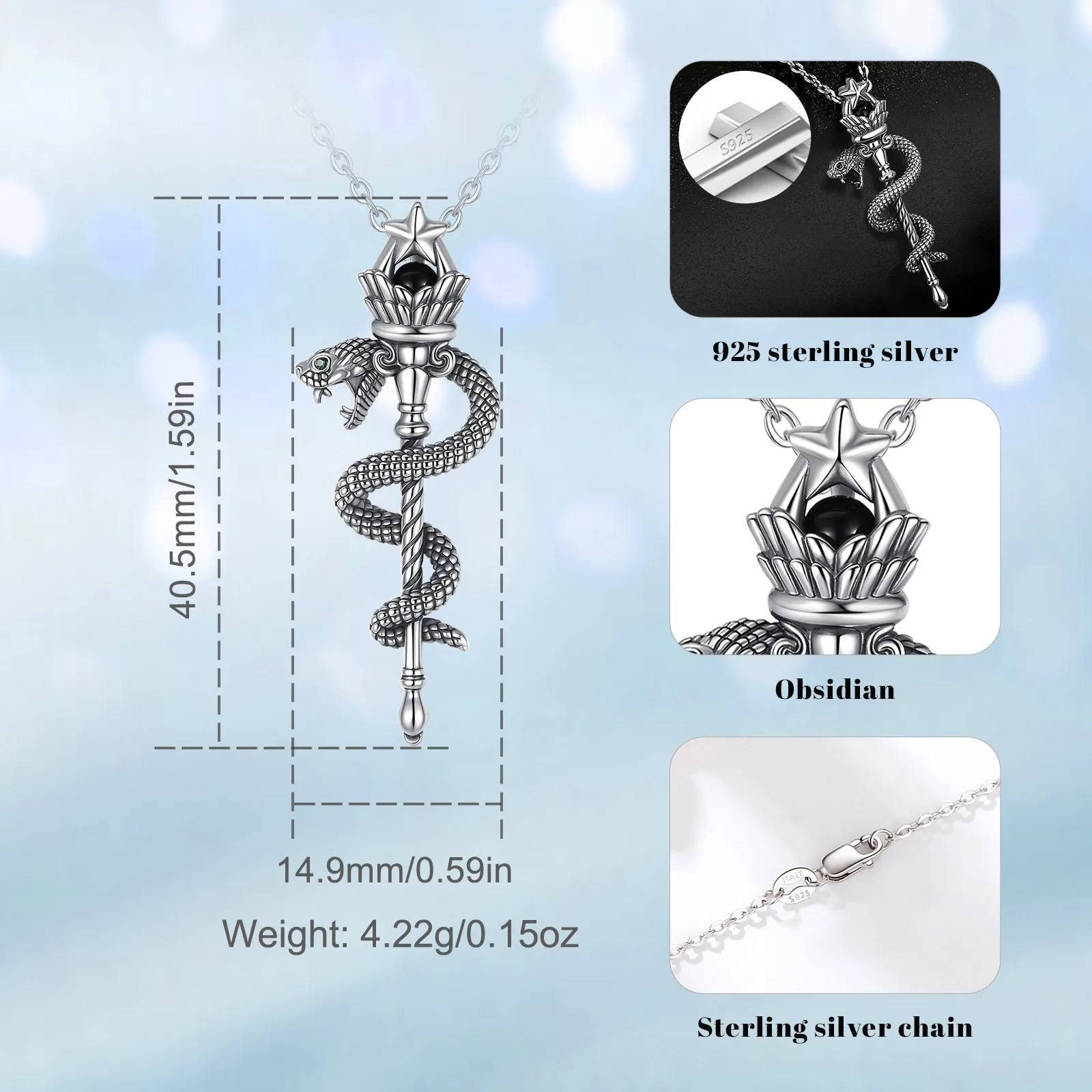 Eudora 925 Sterling Silver Torch Snake Necklace Key Magic Amulet Pendant Pagan Wicca Witch Jewelry Gift for Women Men