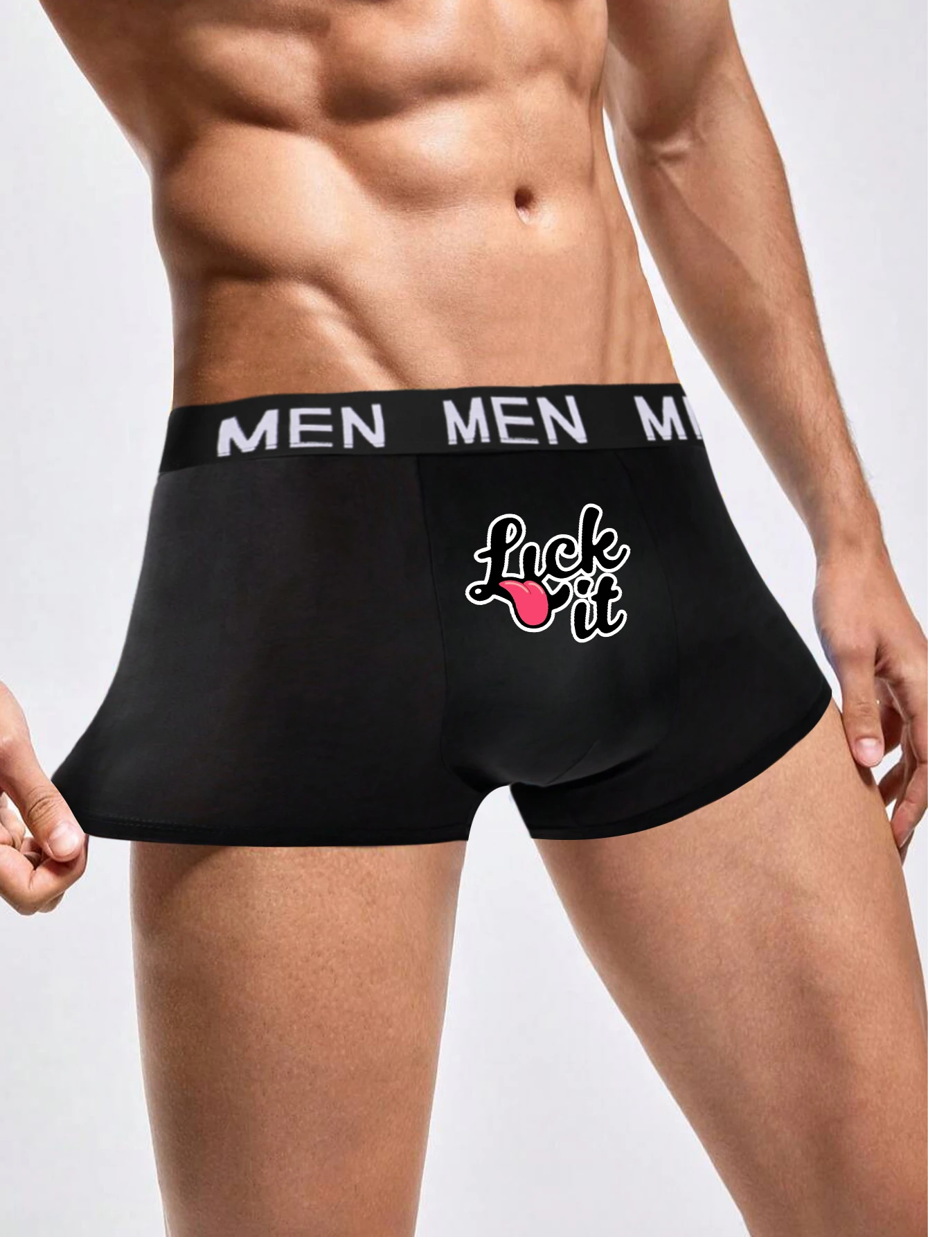 Men's Boxer Briefs with Lick it Prints Trunks Sexy Funny Letter Boxer Short for Man Breathable No Fly Underwear