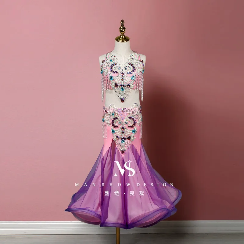 

Customized Belly Dance Suit Children's Fantasy Color Blocked Tassel Set Cute Skirt Girls Team Performance Competition Dress