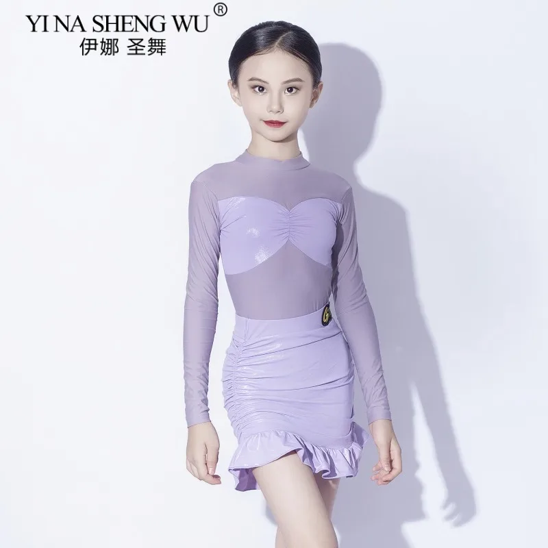 ชุดเต้นลาตินสีม่วงสำหรับเด็กผู้หญิง แขนยาว ผ้าตาข่าย ชุดจั๊มสูทและกระโปรง ชุดแสดงและฝึกซ้อมเต้นลาติน ชะชะช่า รุมบ้า