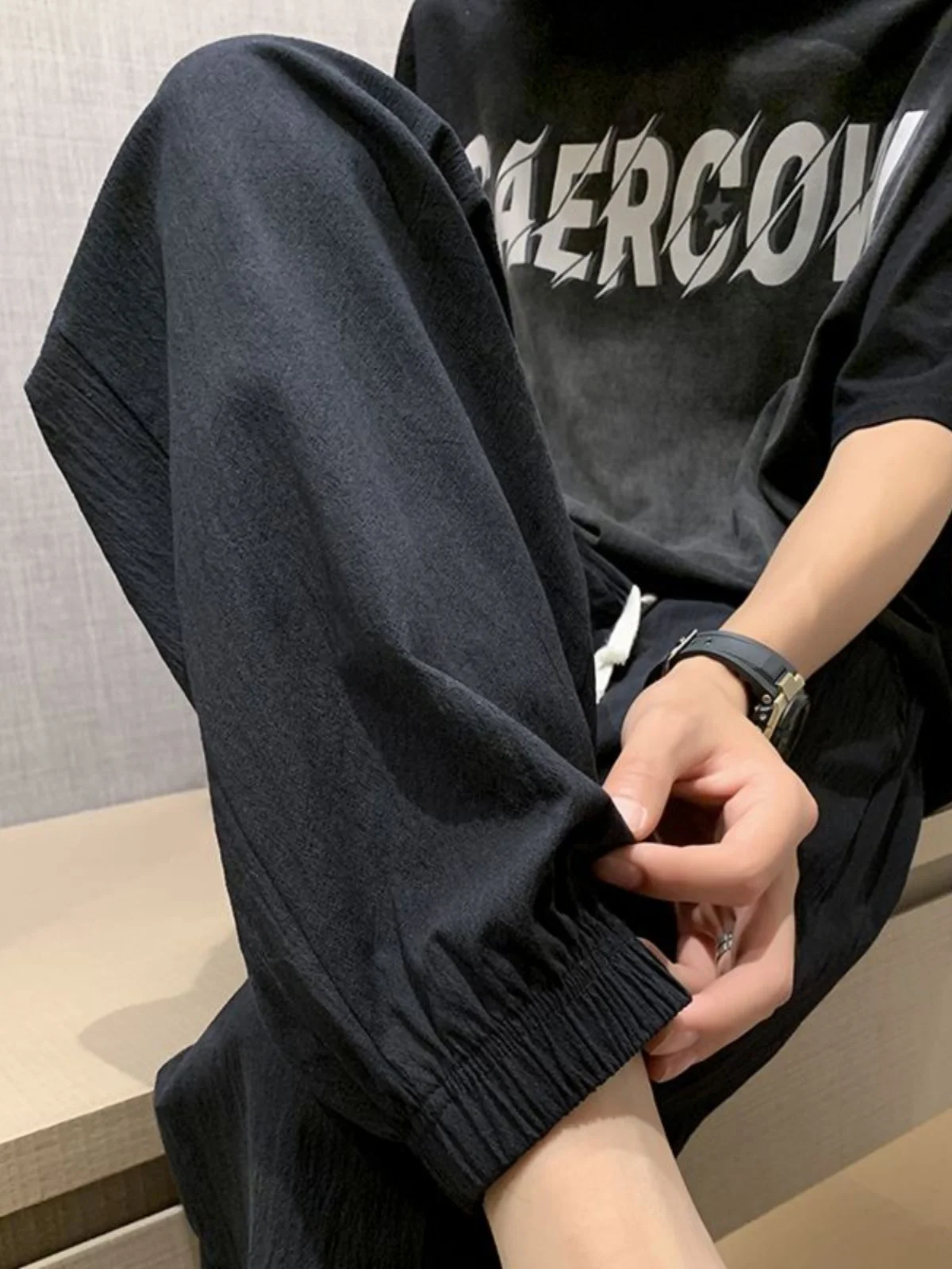 

Cotton Linen Men's Casual Pants Spring Summer Autumn Nine Points Slim Fit Sports Bla Elastic Waist Trousers