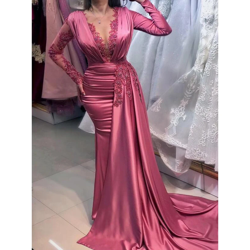 Eleganckie damskie suknie balowe dekolt w serek długość podłogi długie rękawy aplikacje syrenka odpinany pociąg słodkie kobiece suknie wieczorowe