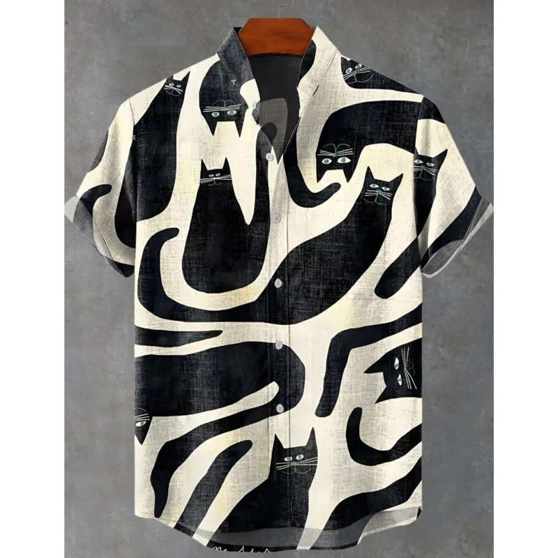 2026 Summer Men's Casual Shirt Graffiti Style Cute Cat Pattern Printed Short Sleeve Shirt Comfortable Daily Top