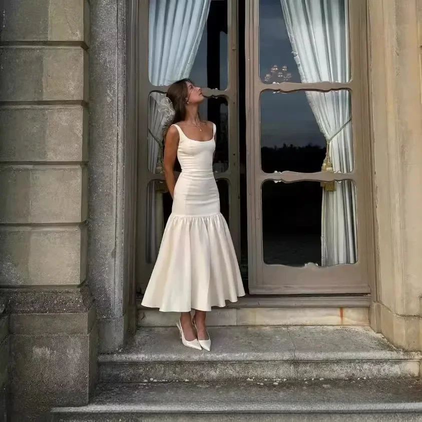 

Women's Summer Pleated Suspender Dress With Solid Square Neck, , Sleeveless Wave Top Dress