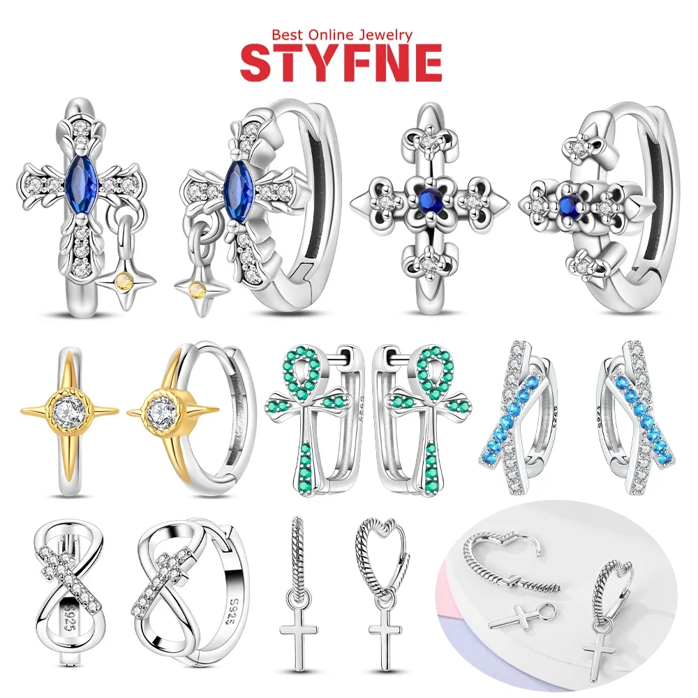 

Earrings 925 Silver Blue Zircon Cross Earrings Religious Symbol Hoop Earrings for Women Fine Jewelry Fashion Anniversary Gift