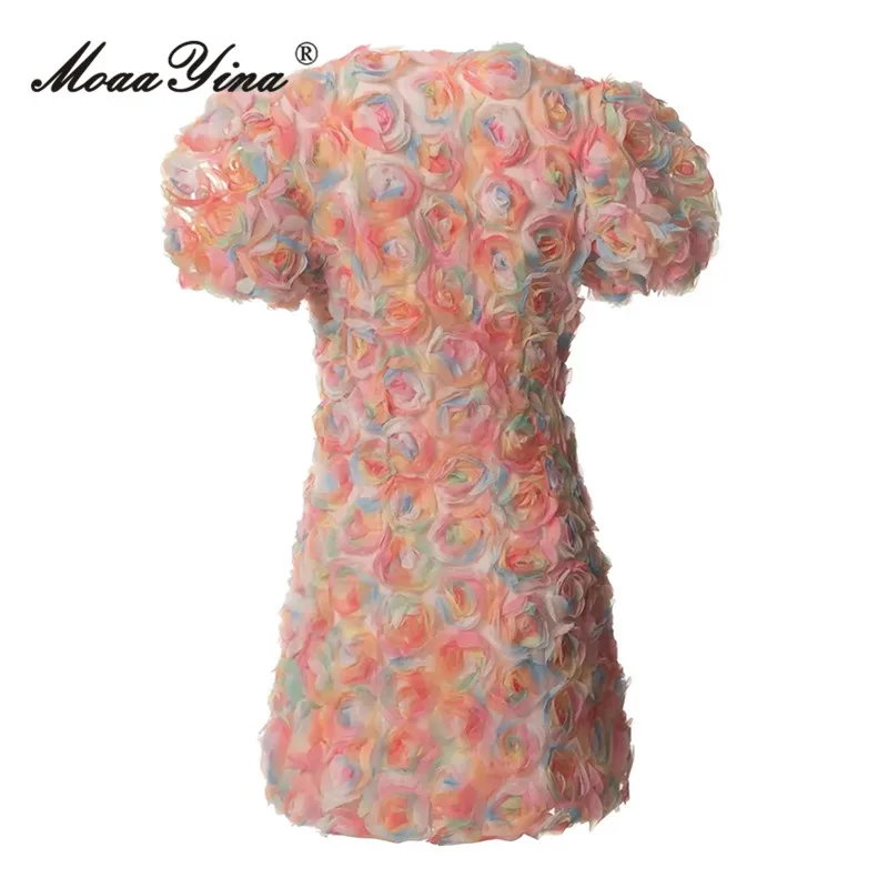 Imagem -02 - Moaayina Summer Fashion Runway Vestido Mulheres Vestido V-neck Manga Curta Vintage Impressão Geométrica Net Yarn Appliques Vestidos