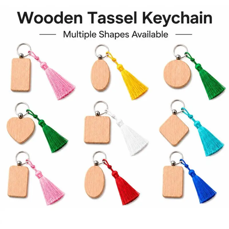 10/5Pcs 8 Styles Mixed Blank Wooden Keychain Rectangular Round Heart Shape Wood Key Chain Key Rings