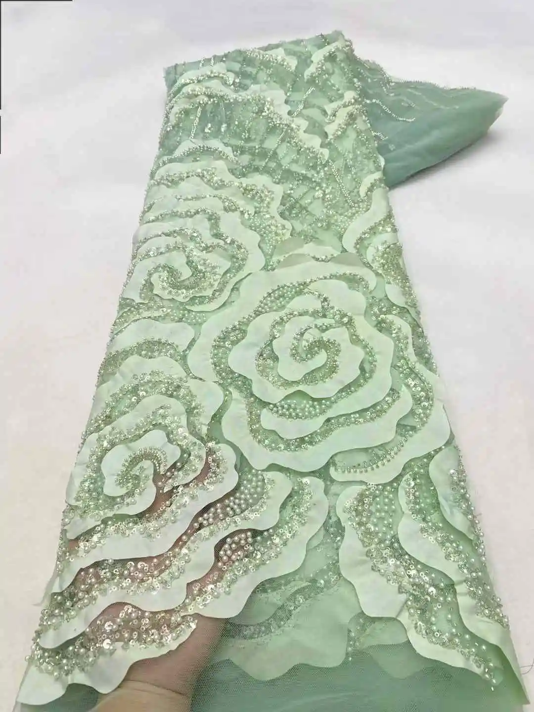 African Luxury Beaded Tulle Lace Fabric 2025 Nigerian Handmade Heavy Sequins Lace Fabric Fro Bridal Wedding Dress Party Sewing