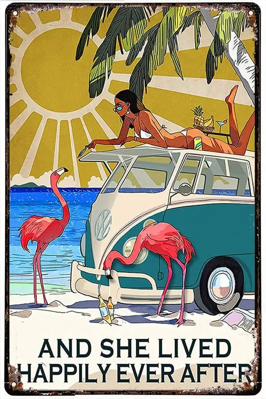 Funny Metal Tin Sign Girl With Flamingo Beach And She Lived Happily Ever After Tin Signs Wall Decor for Bars,Restaurants,Cafes P