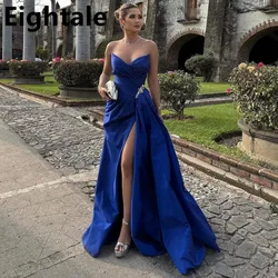 Royal Blue A Line Satin Evening Dresses For Wedding Party 2025 Sweetheart Sexy Slit Beaded Prom Dress Arabic Party Gown Vestidos