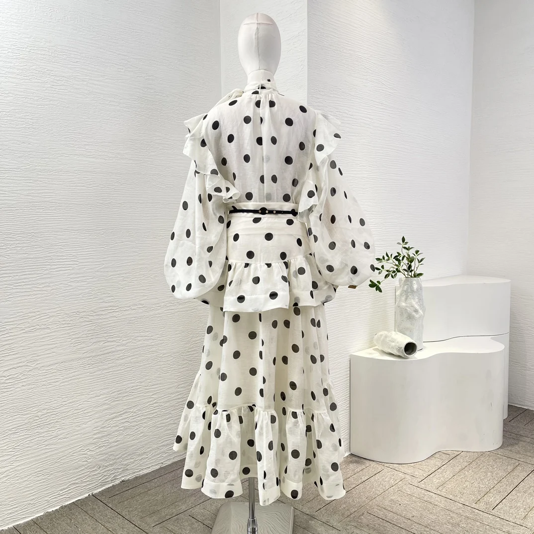 2024 New White Linen Silk High Quality Dot Print Long Sleeve Ruffles Women Blouse Tops and Skirt Set Holiday Outfit