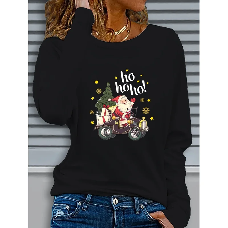 Women's Santa Claus Motorcycle Pattern Printed Long SleeveTShirt - Autumn and winter casual crew-neck top