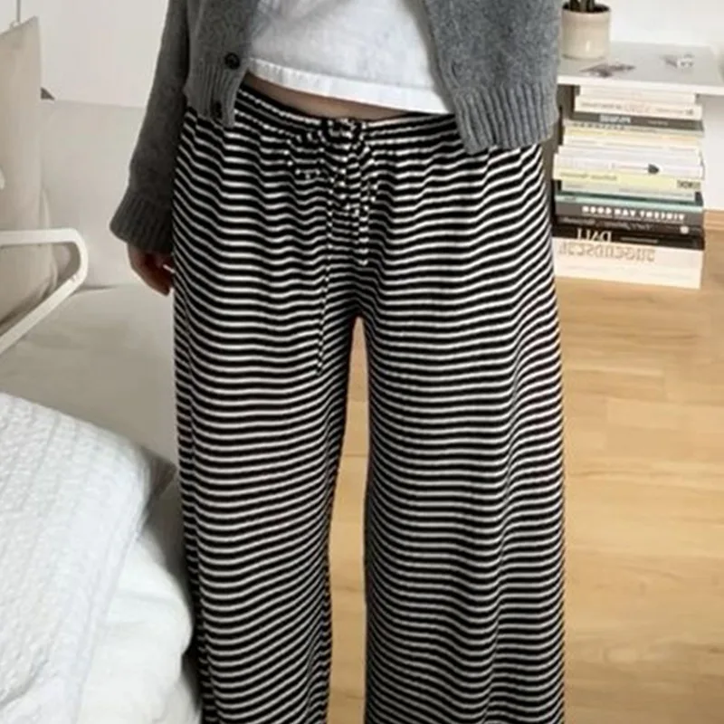 Tuularose Women's Striped Trousers New High Waist Lace-up Loose Casual Straight Pants Vintage Office Lady Fashion Female Pants