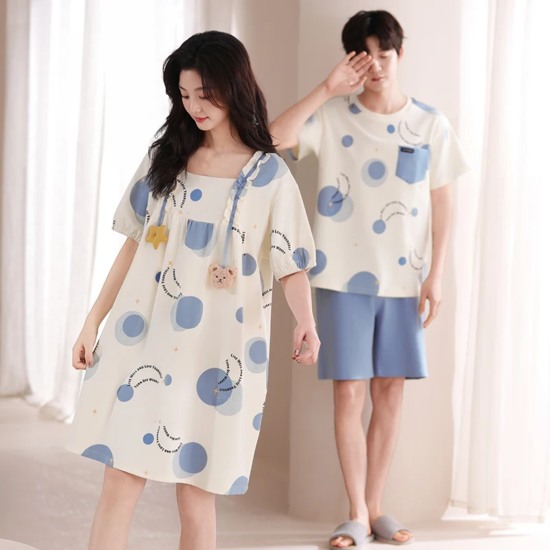 Couple Pajama Set Summer 100% Cotton Men Short Sleeve Pyjamas Sexy Women Nightgown Casual Style