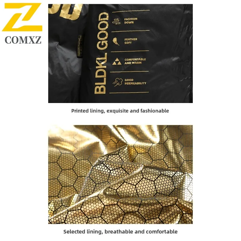 COMXZ أسفل سترة الرجال الذهب الأسود نمط قصير الاتجاه فضفاض صالح الوطنية القياسية الأبيض بطة أسفل زوجين مقنعين التكتيكات الدافئة معطف