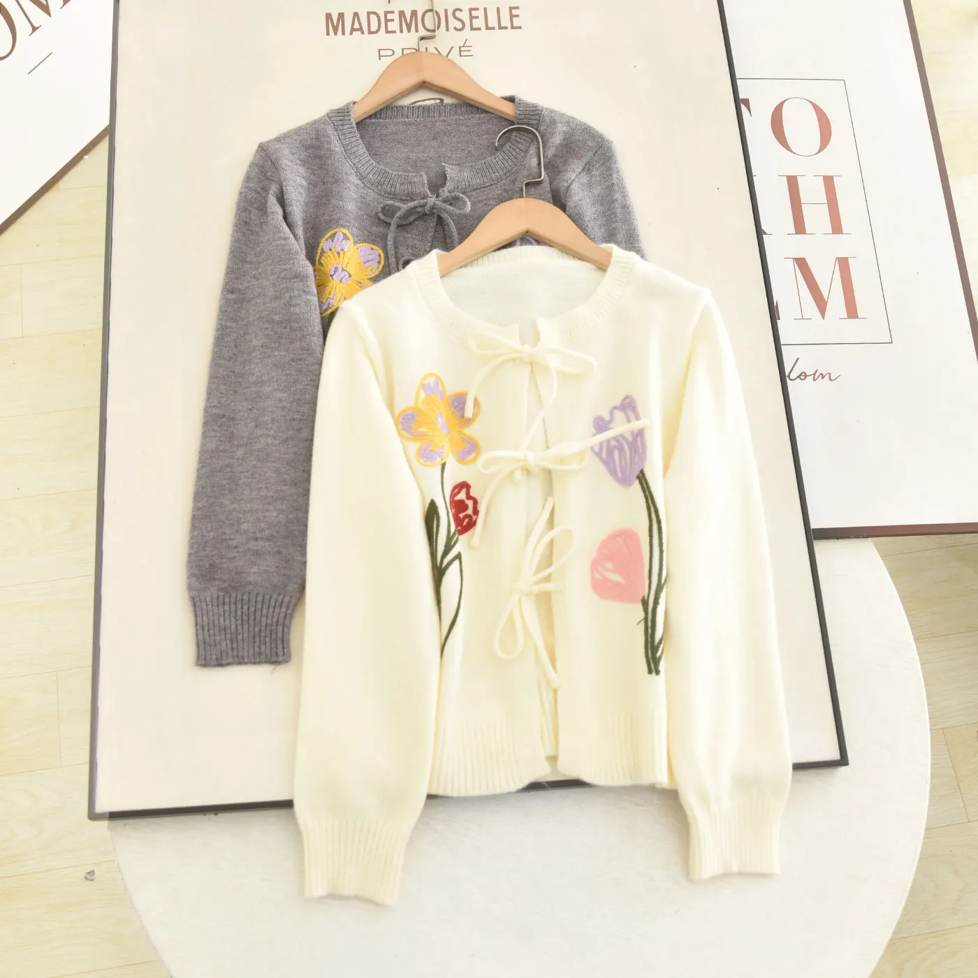 Vintage Grey Floral Embroidered Knit Cardigan For Women Chinese Knot Bow Front Loose Cropped Sweater Casual Daily Lady Outerwear