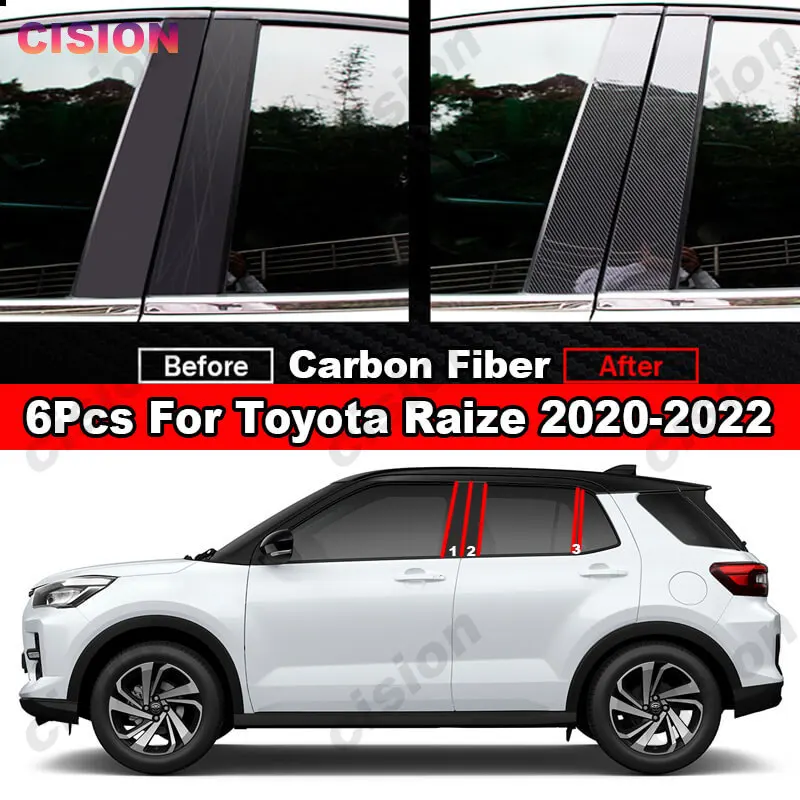 For Toyota Raize 2020-2022 Mirror Effect Car Window Door Column BC Pillar Post Cover Trim Carbon Fiber Black PC Material Sticker