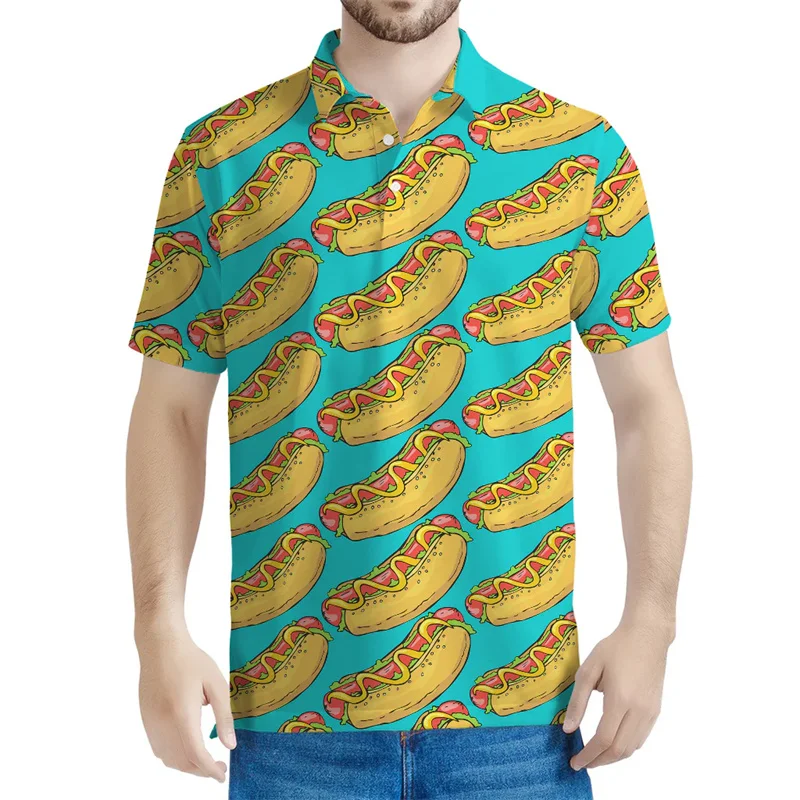 Cartoon Sandwich Hot Dog Graphic Polo Shirt Men Summer 3D Printed Food Tee Shirts Button Short Sleeves Street Lapel T-Shirts