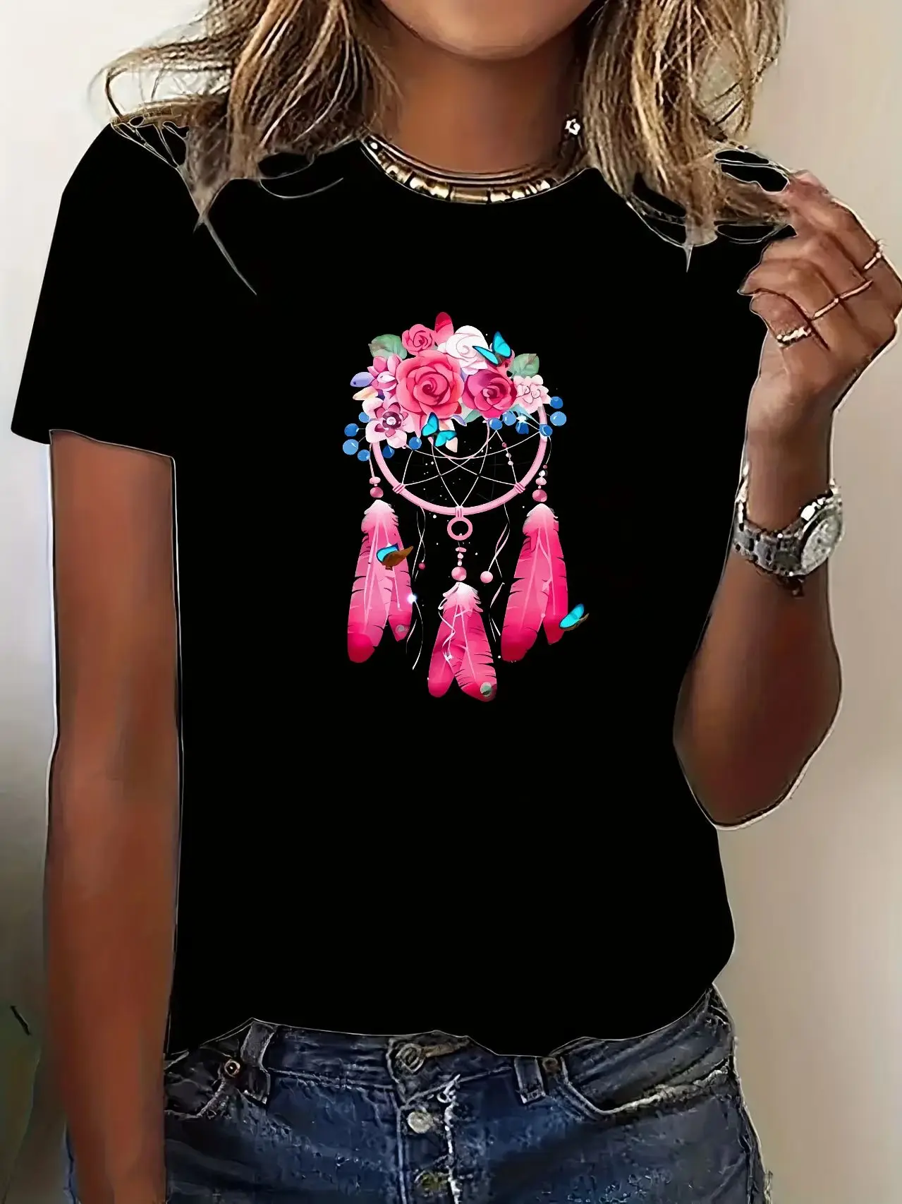 Koszulka damska z łapaczem snów, moda Harajuku, graficzne koszulki, koszulka damska z łapaczem snów, odzież, topy