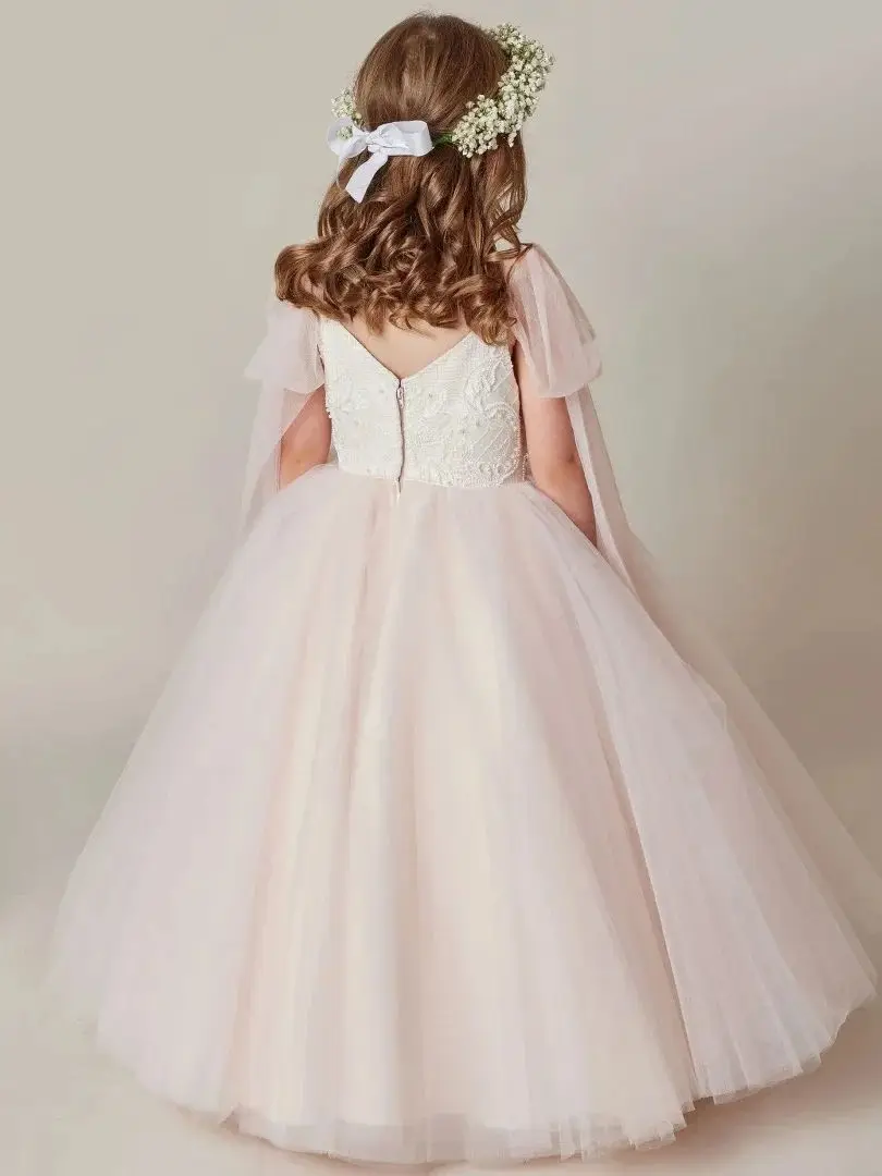 Maßgeschneidertes rosa Blumenmädchenkleid mit weißen Blumenapplikationen und Schleife an der Schulter für Hochzeit, Geburtstag, Abschlussball, Festzug, Heilige Kommunion