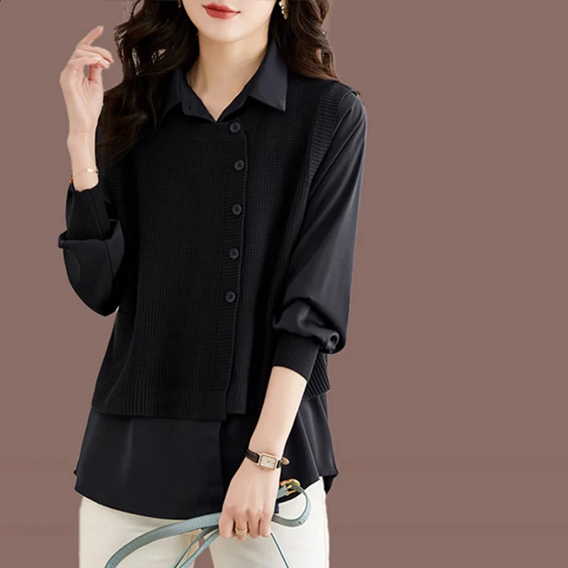 Dames Vest Gebreide Trui Voor Lente Herfst 2023 Nieuwe Mode Patchwork Turn Kraag Valse 2 Stuks Office Lady Shirt Tops