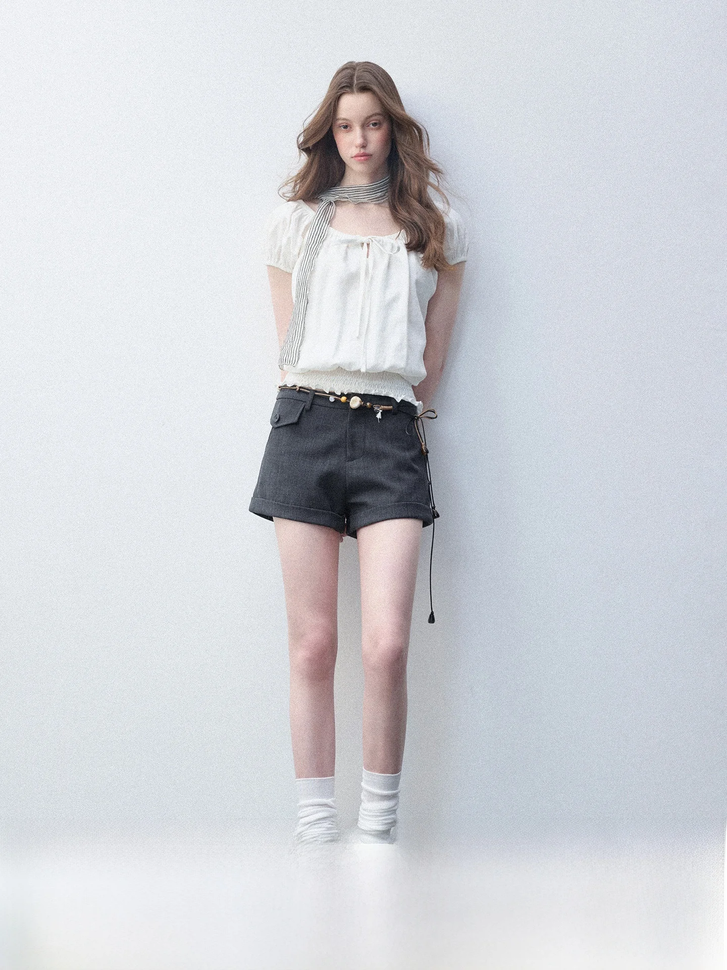 

Luamoss Korean Style Rylee Mixed Flax Short Sleeve Women's T-shirt Breathable Slimming Short Length One-Shoulder Top