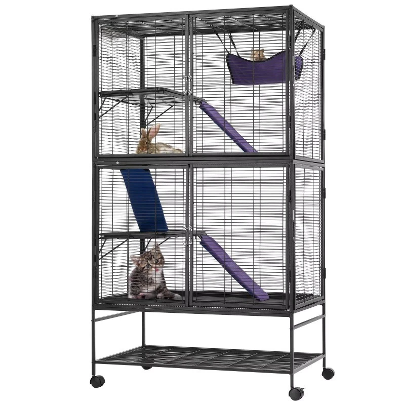 64.6-inch metal 4-layer rolling ferret cage with tray and 3 ramp pet cages