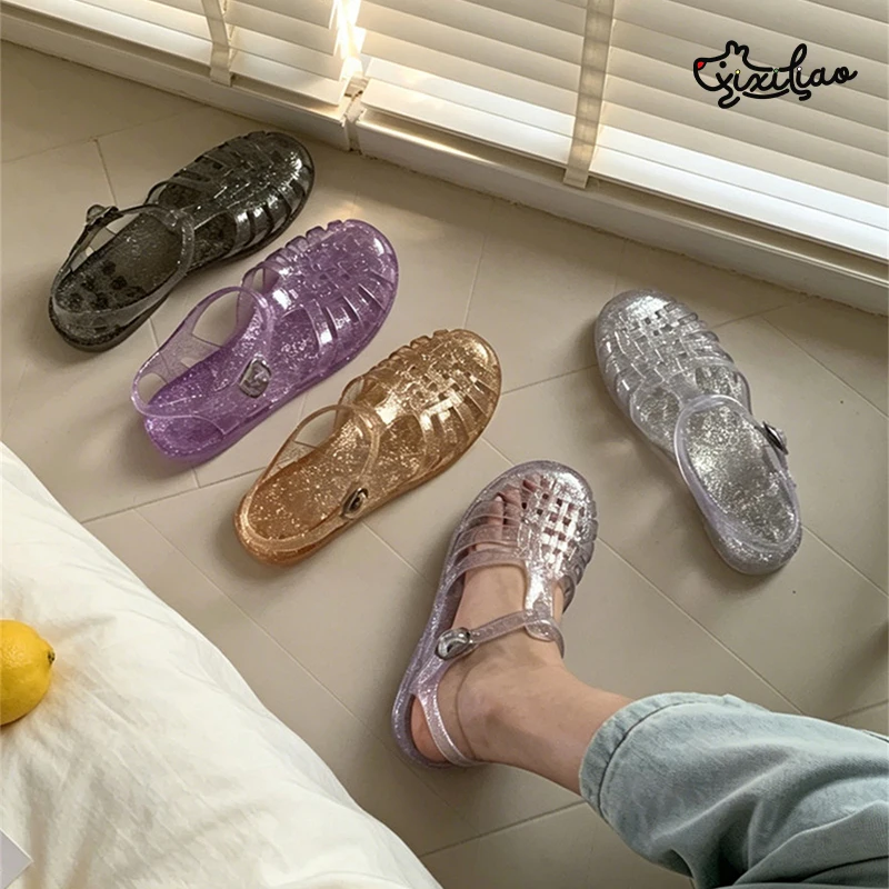 Sandales en cristal XIXITIAO pour femmes, été 2026, légères, couleur unie, style romain, souples et confortables, chaussures de plage en gelée pour l'extérieur