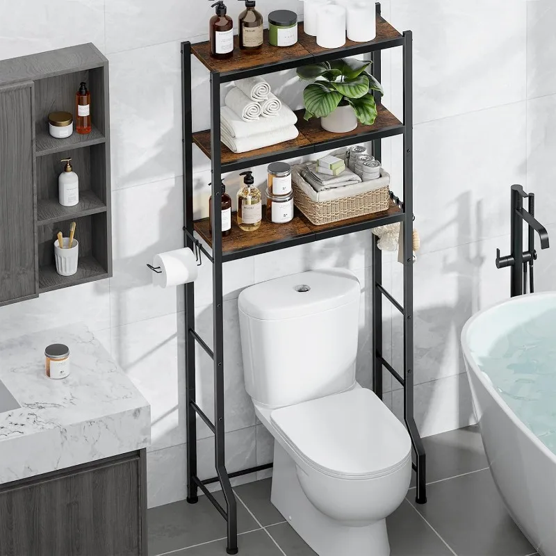 

Over-The-Toilet Storage Rack - Freestanding Over The Toilet Storage Cabinet with Paper Holder & Hooks, Bathroom