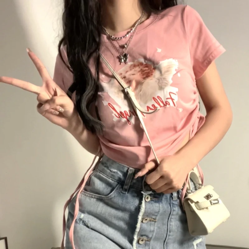 GAODINGLAN Summer Sweet Print Short Sleeve Women Crop Tops Drawstring Slim High Waist Cotton Tees Y2k Tight Sexy Tees Ladies