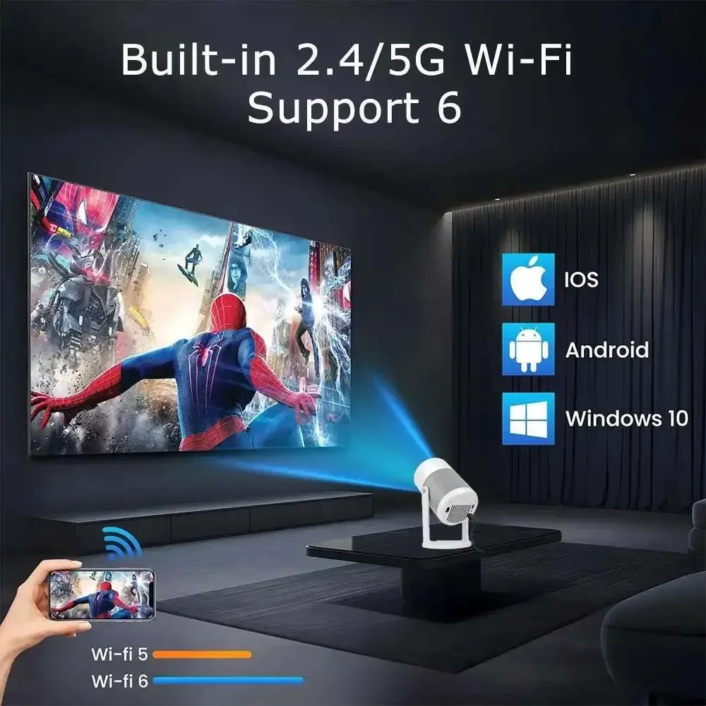 Мини-портативный проектор J1 Android 1080P поддерживает 4K 360° °   Вращающийся светодиодный проектор 5G WIFI для смартфона, домашнего кинотеатра