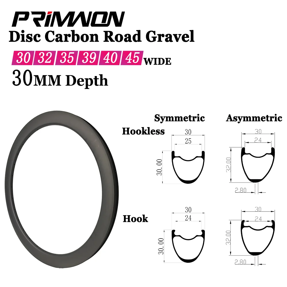 700C 30mm Wide Road Bike Gravel 30/32/35/39/40/45mm Deep Carbon Rim Clincher Asymmetric Symmetric Hook Hookless Bicycle Wheel