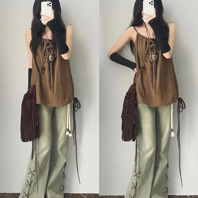 Retro Green Hong Kong Style Micro-flare Strap Jeans Women& Straight Trousers