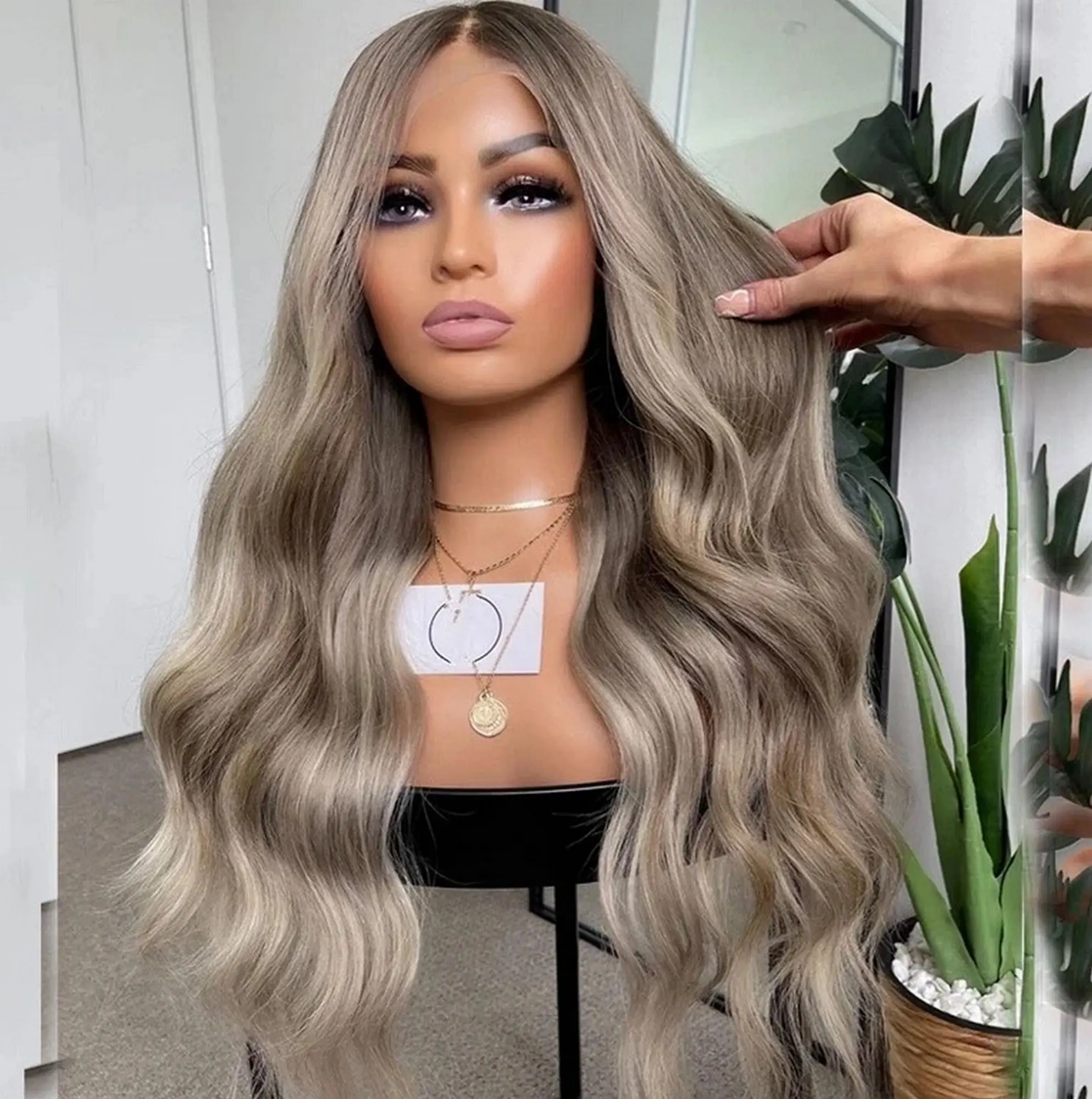 

26 Inch Chestnut Brown Highlights Invisible Lace Wig for Women Long Loose Wave Synthetic Lace Front Wig Heat Resistant Fiber