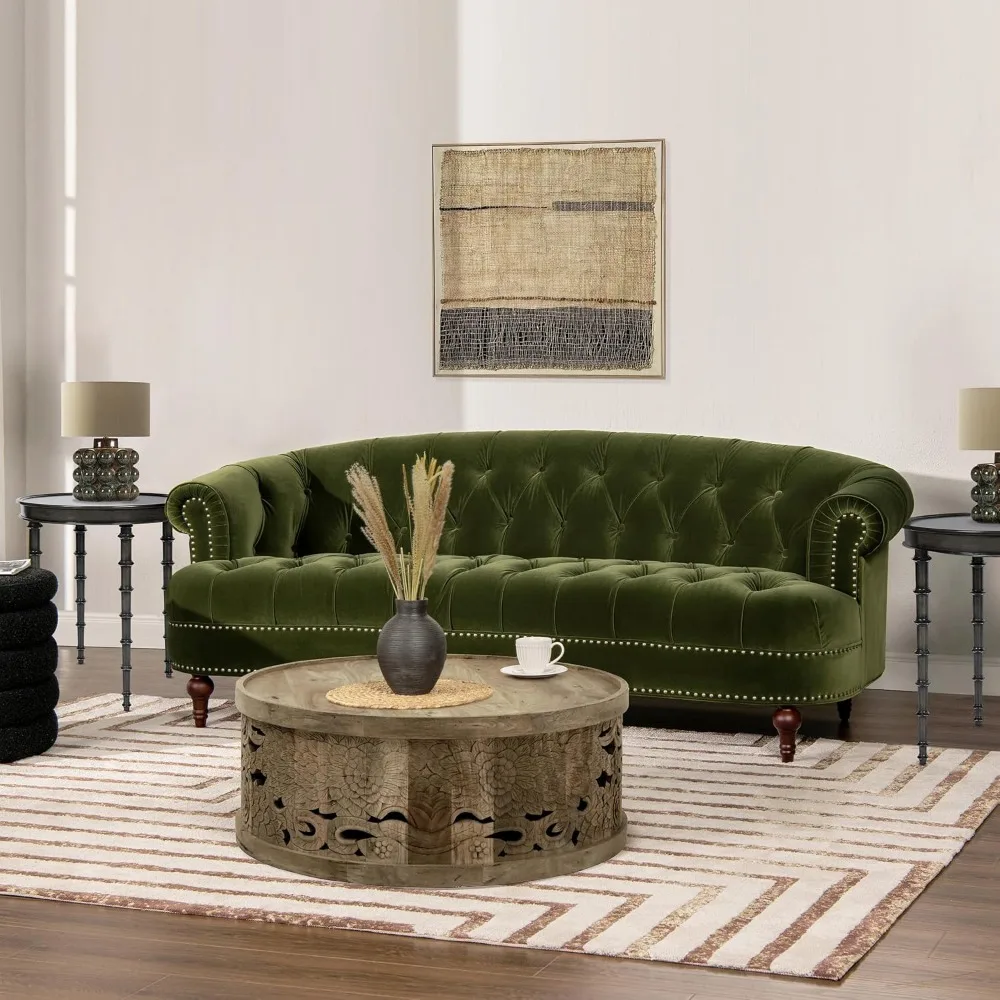 Chesterfield Tufted Sofa, Olive Green Performance Velvet