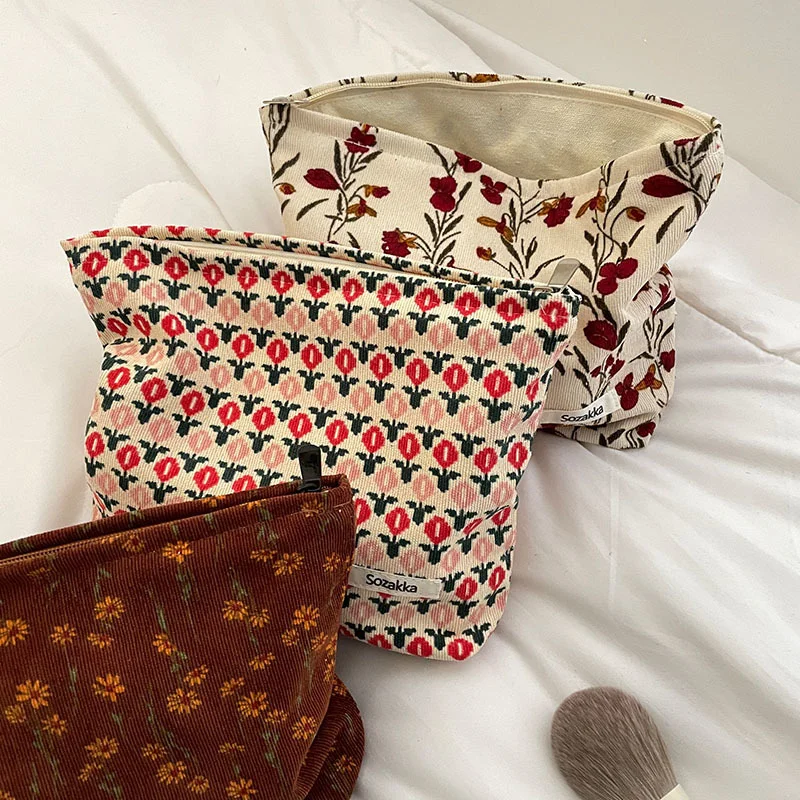 Fashion Corduroy Cosmetic Bag Retro Flower Print Cosmetic Bag Portable Wash Bag Women Travel Cosmetic Bag Beauty Storage Bag