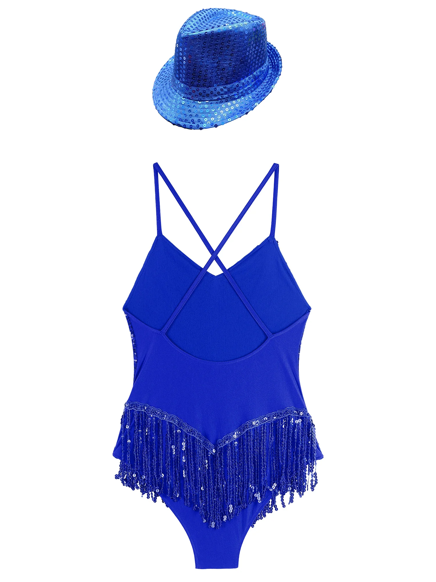 Women Salsa Cha-cha Tango Jumpsuit Sequins Ballroom Performance Fringed Bodysuit with HatLatin Dance Costume Tassels Leotard